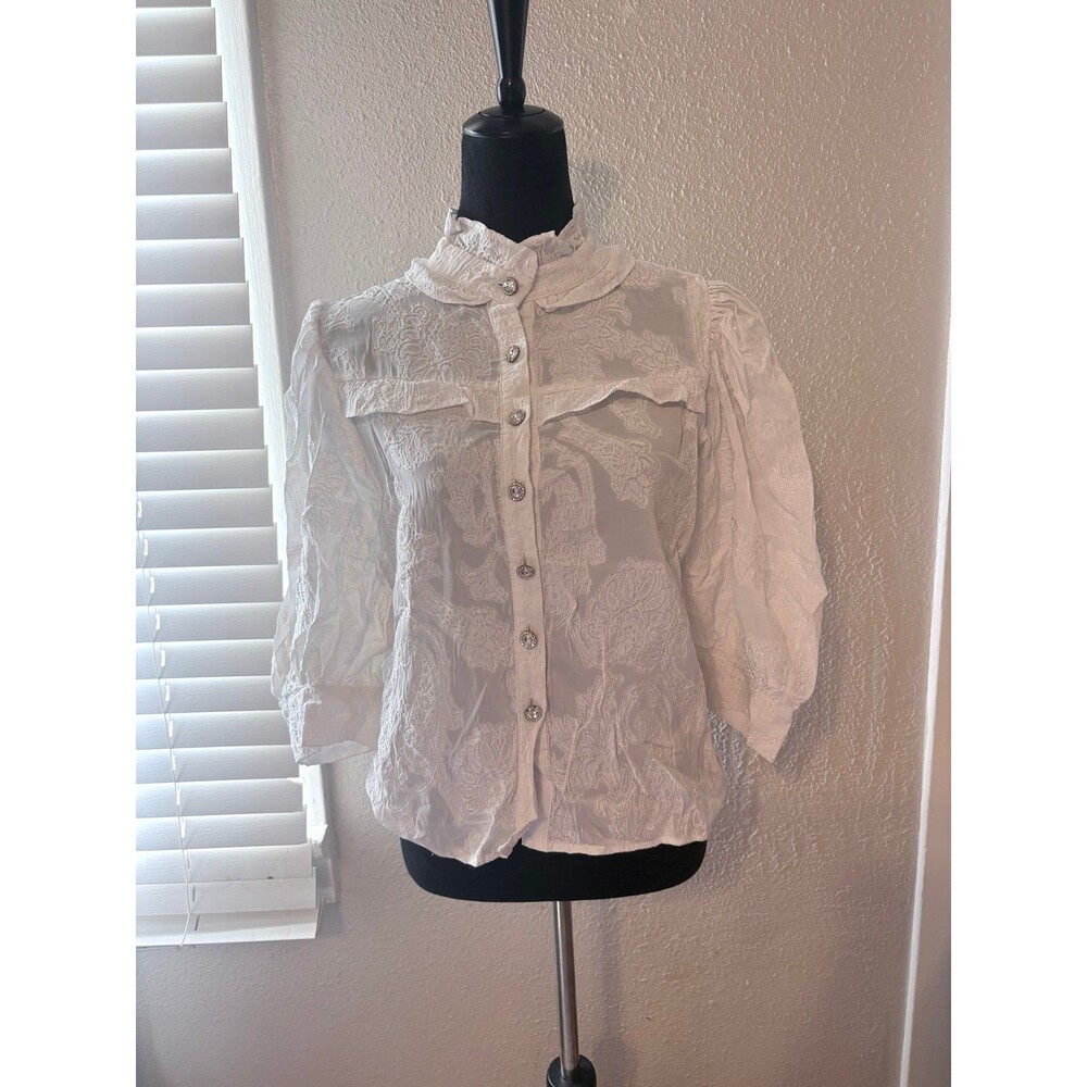 Dream Sister Jane White Floral Semi Sheer Puff Sleeve Rhinestone Button Top XL